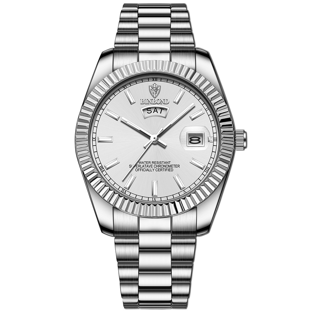 BINBOND Men's Brand Business Sports Quartz Watch 30M Waterproof Luminous Classic Calendar Clock Mens Wristwatch: Silver
