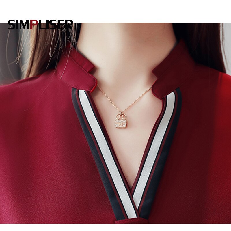 Chemisier coréen en mousseline de soie pour Femme, blouse avec col en v, à manches longues, en Patchwork, pour le travail, chemise blanche, rouge