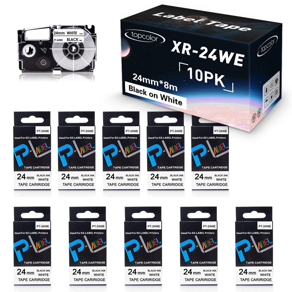10PK 24mm Black on White for Casio Label Tape XR24WE XR-24WE Compatible Casio Label Maker CW-L300 KL-430 KL-7000 KL-8100 KL-C500