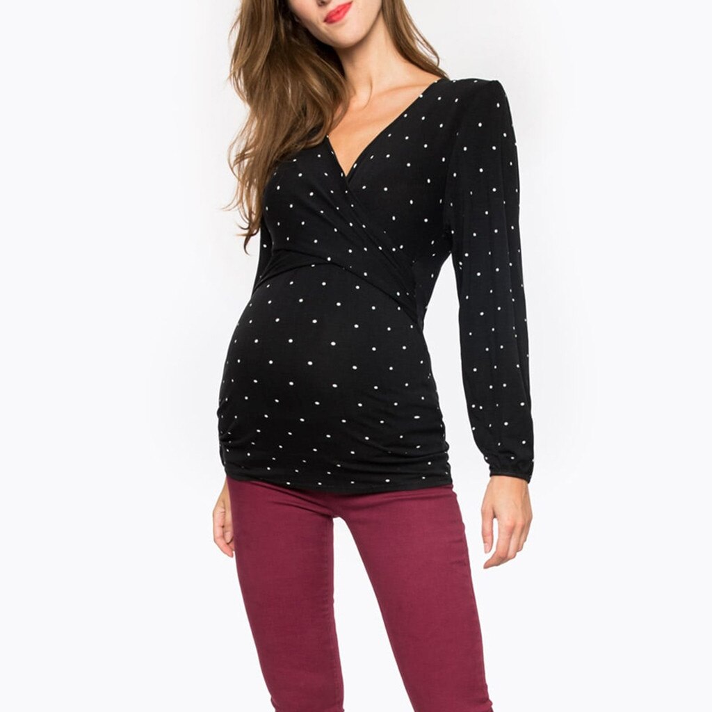 4# Women Dot Printed Maternity T-shirts Pregnant Tees Pregnant Nusring Maternity V-neck Long Sleeve Ruffles T-shirt Maternité
