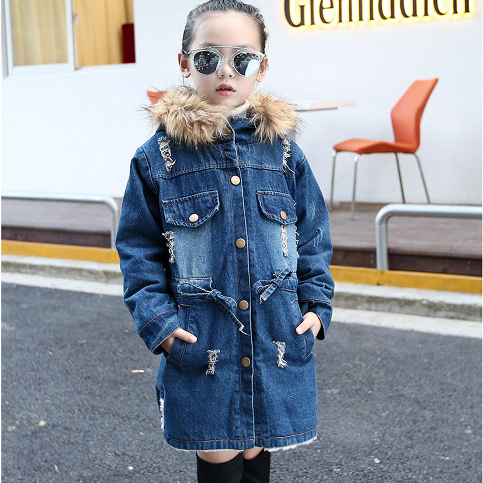 Children Winter Cotton Jacket Toddler Kids Baby Girls Hooded Wool Collar Warm Girdle Denim Coat Jacket Outwear зимняя куртка
