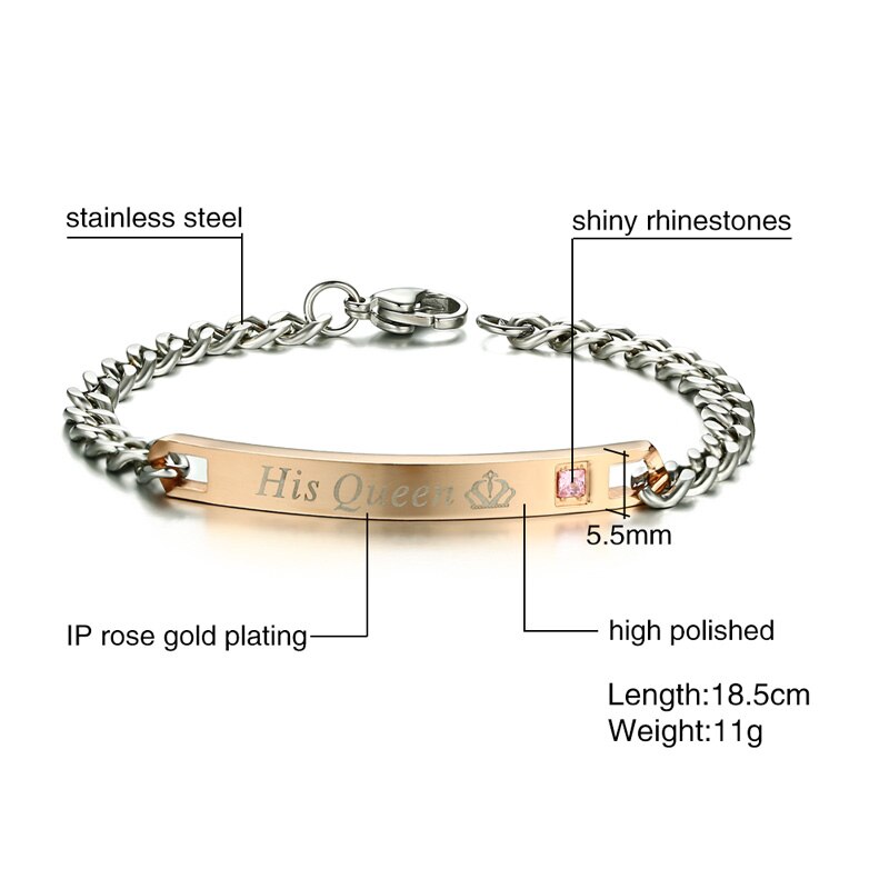 Romantic Couple His Queen Her King ID Bracelets Stainless Steel Shiny Crystal Bracelets For Lover Promise Jewelry