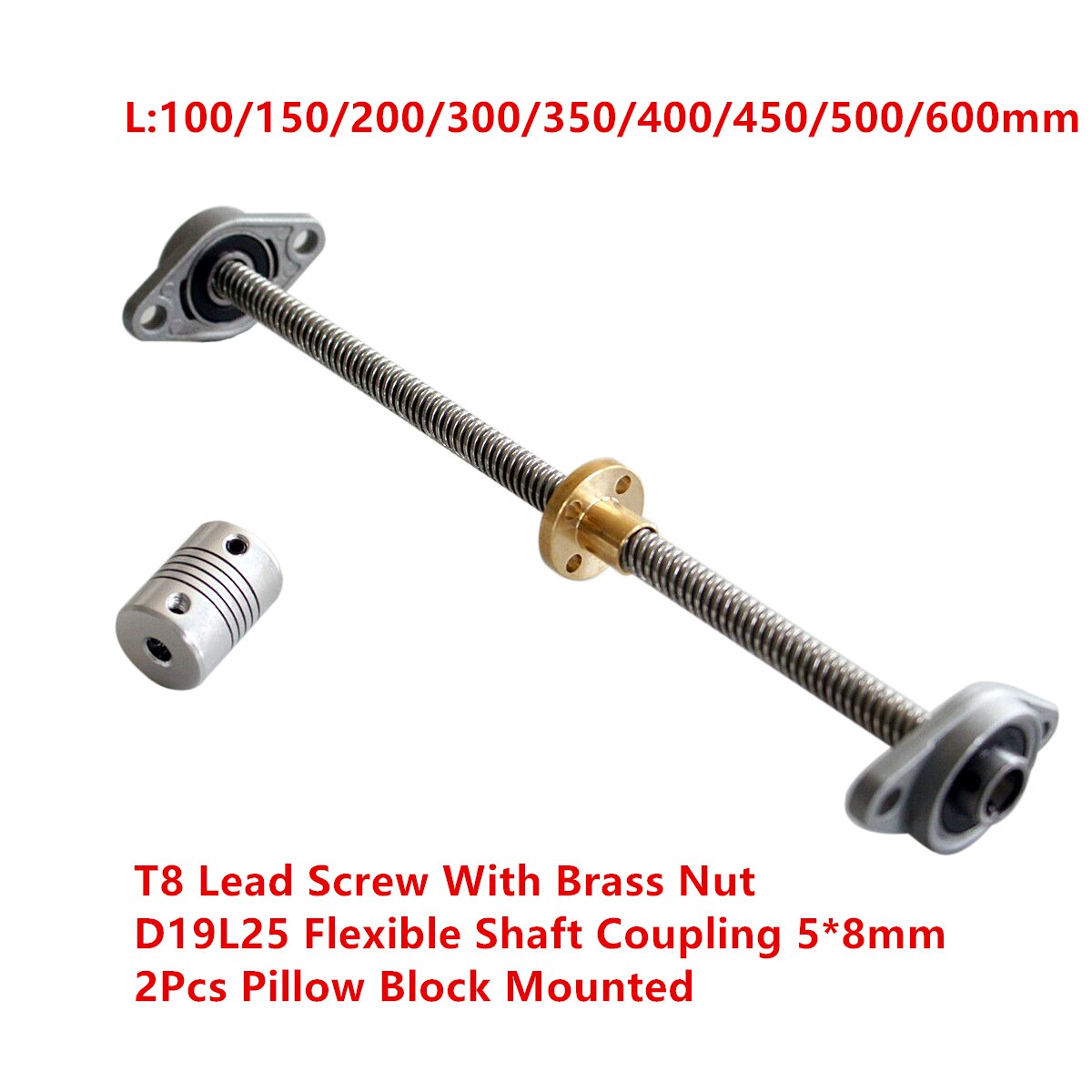 T8 Lead Screw Set 2mm Length 150 250 600 1200 mm & Brass Nut + D19L25 Flexible Shaft Coupling 5*8mm + 2Pcs KFL08 bearing Bracket