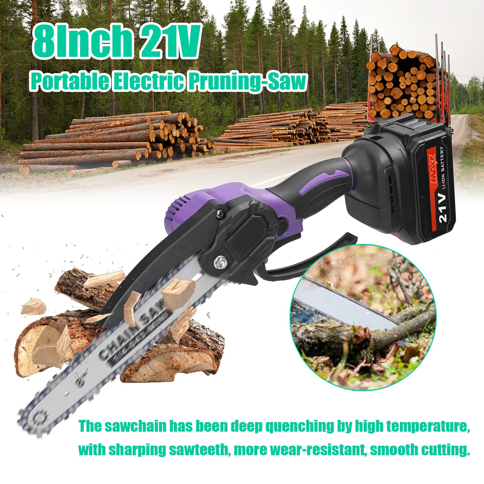 21V 8 inch Cordless Electric Pruning Saw Small Wood Spliting Chainsaw Brushless Motor One-handed Woodworking Tool for Garden