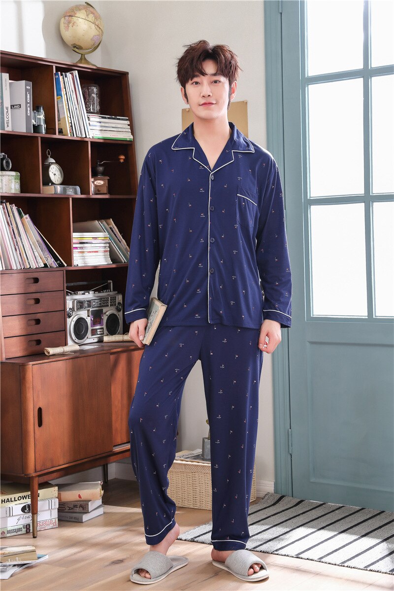 blusa de dormir para hombre transpirable estilo coreano ropa de dormir ropa de casa manga larga pijama de solapa de polialgodón: XXXL