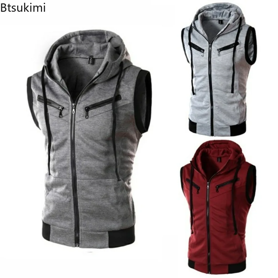 Men's Sleeveless Hoodies Casual Zipper Hooded Sweatshirt Men Bodybuilding Tank Top Sporting Shirt Waistcoat Vest