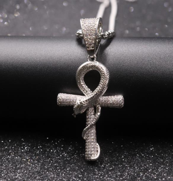 Hiphop Sieraden Bling Iced Out Ankh Kruis Met Slang Hanger Kettingen Pave Instellen Cubic Zirconia Vintage Ketting Voor Vrouwen: Silver Plated
