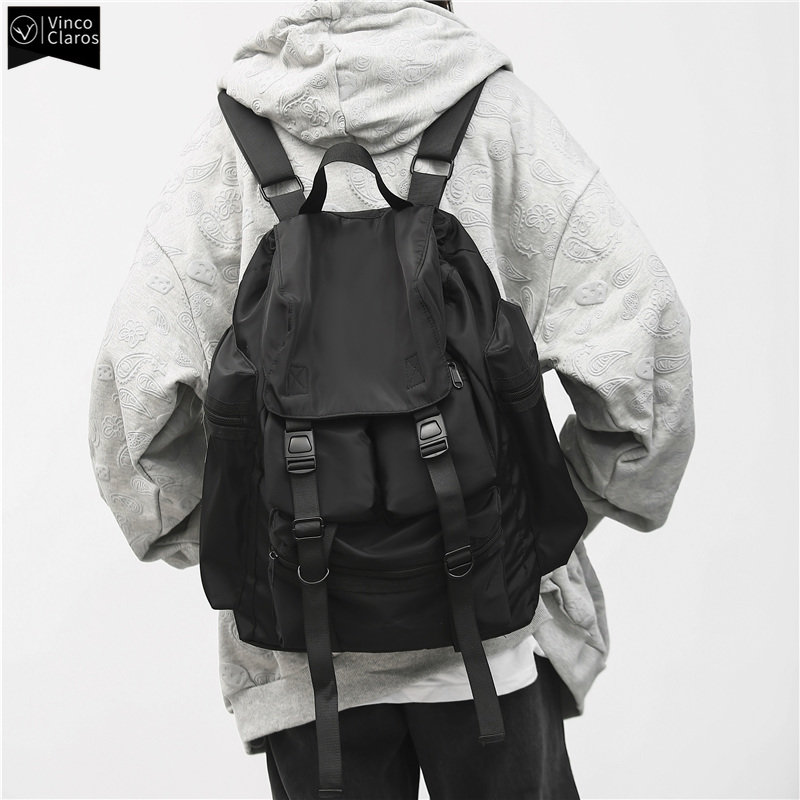 Sacs à dos noirs solides pour hommes, Style Streetwear Cool, Harajuku, grande capacité, sacs d&#39;école imperméables en Nylon pour hommes