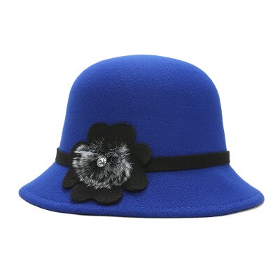 SUOGRY Vintage Stylish Fall Winter Fedoras Hat For Women Hairball Hat For Lady Girls Floppy Cartola Female Felt Bowler Cap: Royal blue