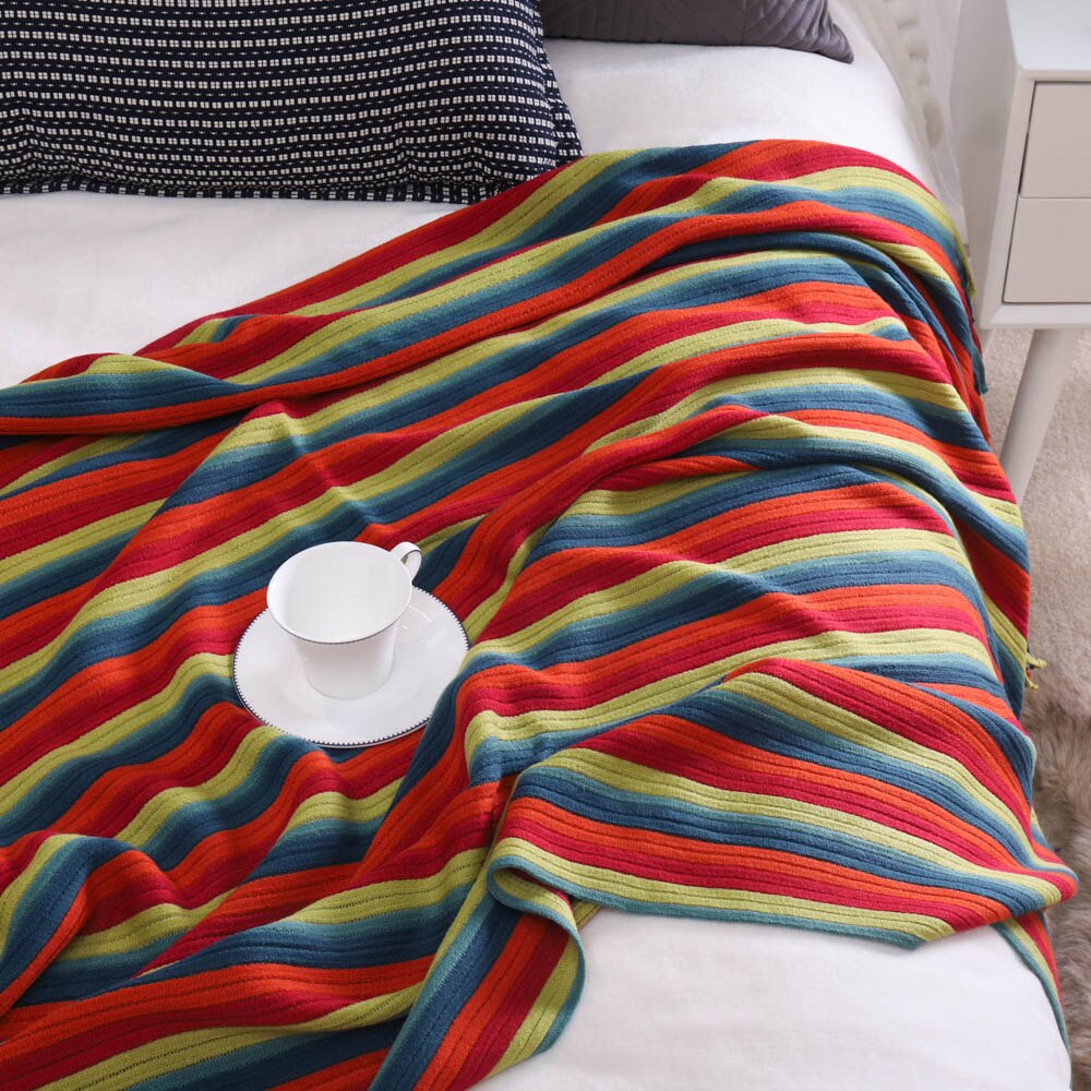 Yaapeet 100% Acrylic Striped Throw Blanket Lightweight Cozy Blankets and Throws for Sofa with Tassels Decorative Bed Blanket