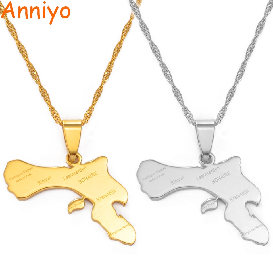 Anniyo Bonaire Kaart En Dorp Hanger Kettingen Roestvrij Staal En Goud Kleur Sieraden #138921