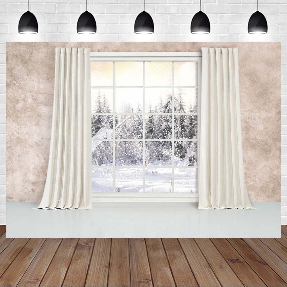 Mocsicka Christmas Curtain Window Photography Backdrop Winter Snow Scene Family Portrait Photo Background for Studio Photo Shoot