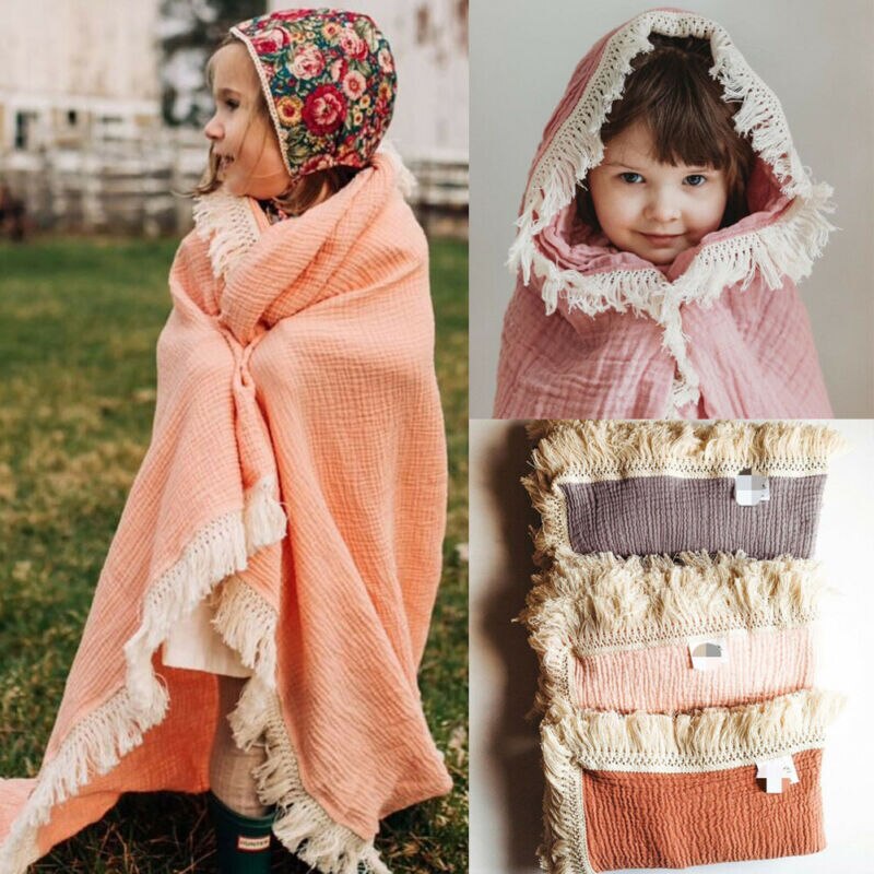 Newborn Baby Girl Boy Swaddle Wrap Blanket Muslin Cotton Sleeping Mat Tassel Solid color Receiving Blankets