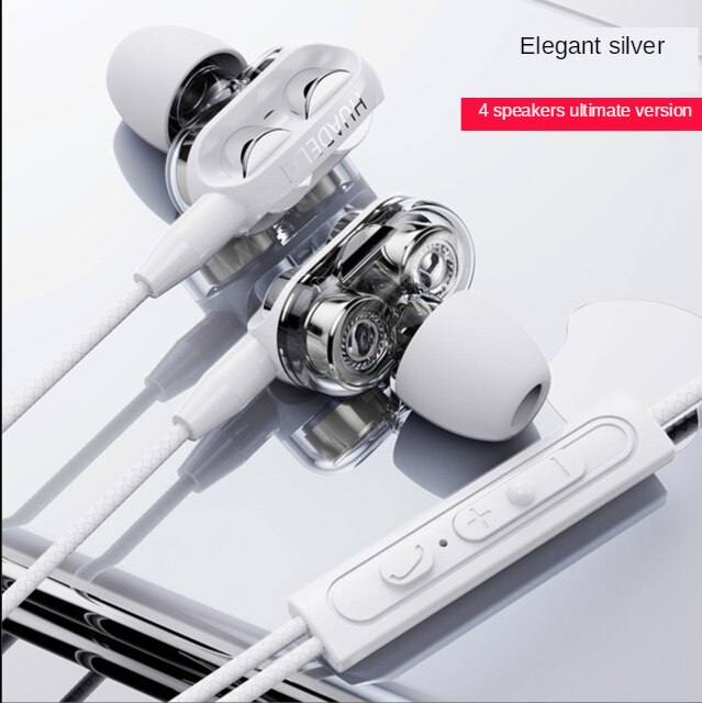 Double Moving Coil Subwoofer Headset for Vivo Oppo Huawei with Microphone Karaoke In-ear Earplug Universal Handphone: Ultimate  Elegant Silver  Quad core Subwoofer  10 Gift Package