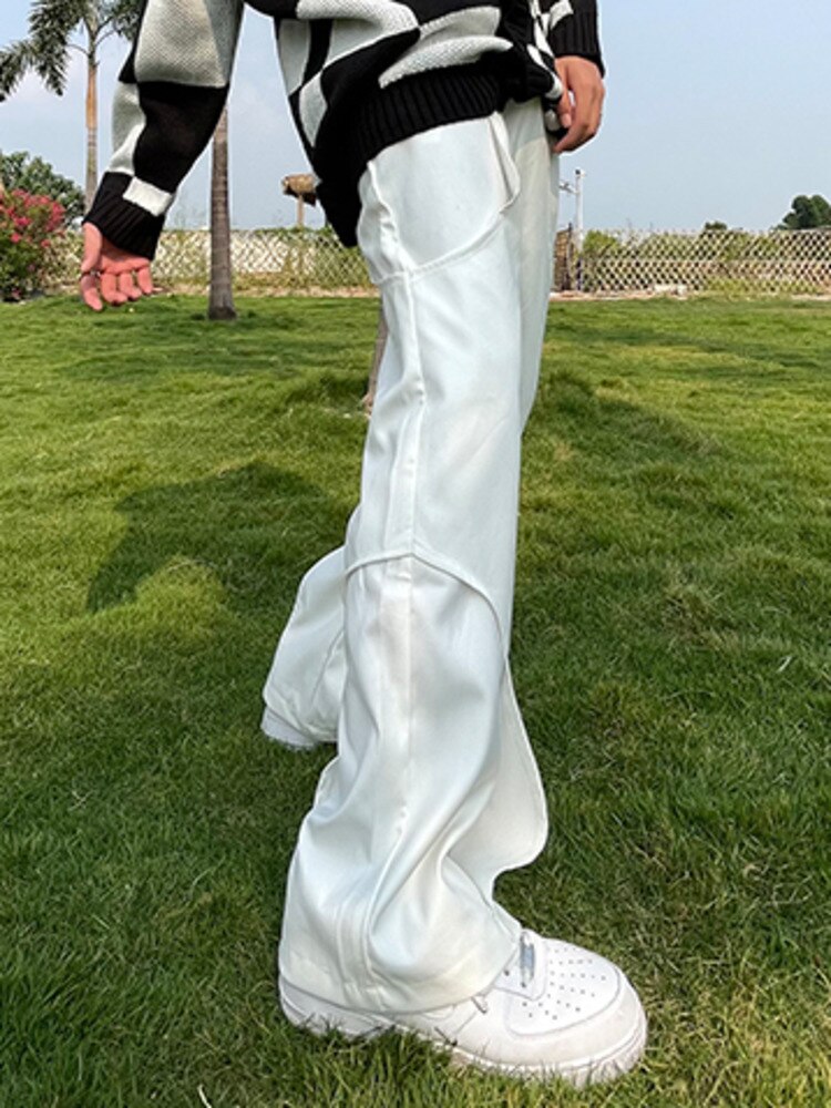 Pfnw Onregelmatige Wit Pak Broek Mannen Hihg Straat Casual Broek Lente Rechte Solid Cozy Flared Broek Mannelijke