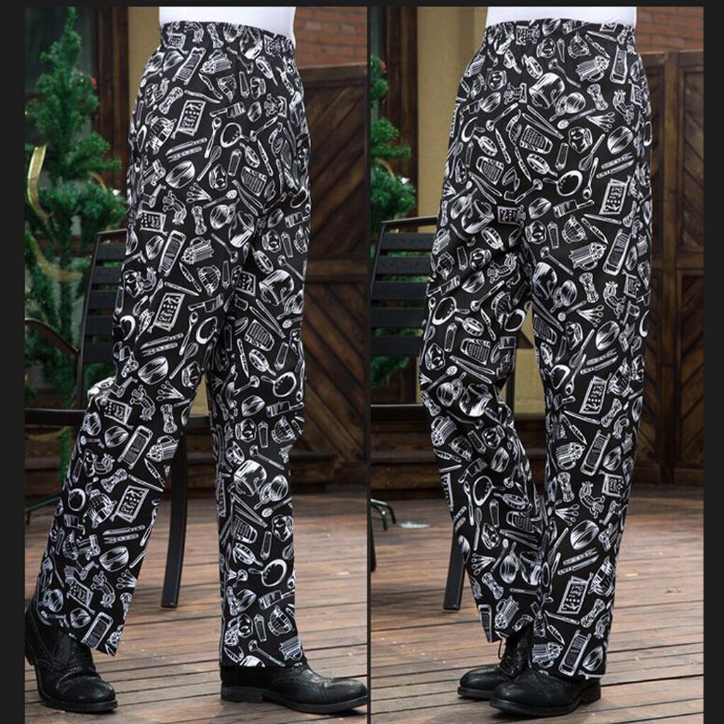 Men Women Baggy Chef Pants Uniform Loose Fit Cargo Pants Restaurant Kitchen Elastic Waistband Work Trousers: Cutlery M