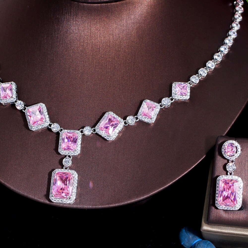 Threegraces Elegante Geel Zirconia Geometrische Plein Oorbellen Ketting Bruids Bruiloft Sieraden Set Voor Vrouwen TZ694