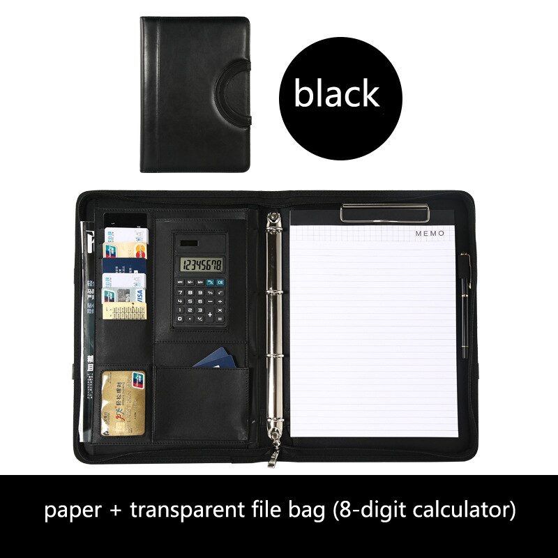 Lædermappe manager a4 dokumentholder mappe regnemaskine dokumentmappe bindemiddel a4 4 ringe mappe notesbog dokument arrangør: Sort