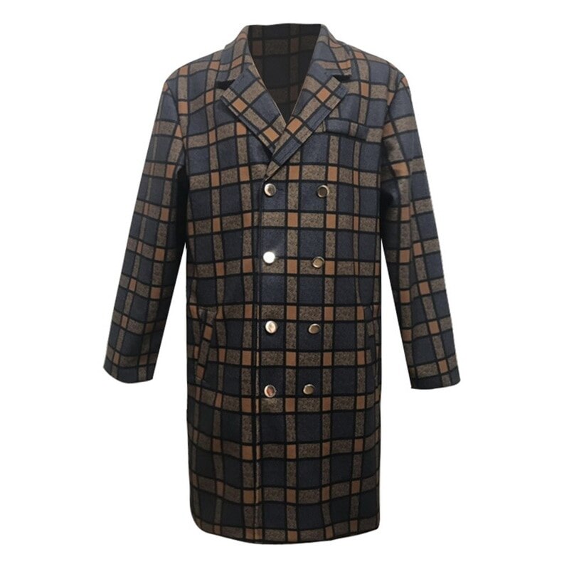 Mannen Houndstooth Gentleman Wollen Jas Modieuze Trenchcoat Revers Overjas Double-Breasted Jas Mid-Lengte Mannelijke Warme Jas