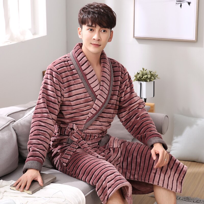 Winter Casual Striped Flannel Male Nightwear Men Bathrobe Belt Bathroom Spa Thick Coral Fleece Men Robe XXXL