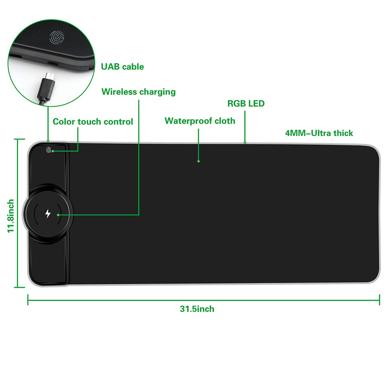 15W Draadloze Opladen Muismat Gamer Mousepad Rgb Lichtgevende Bureau Mat Computer Laptop Toetsenbord Antislip Glowing Led kussen