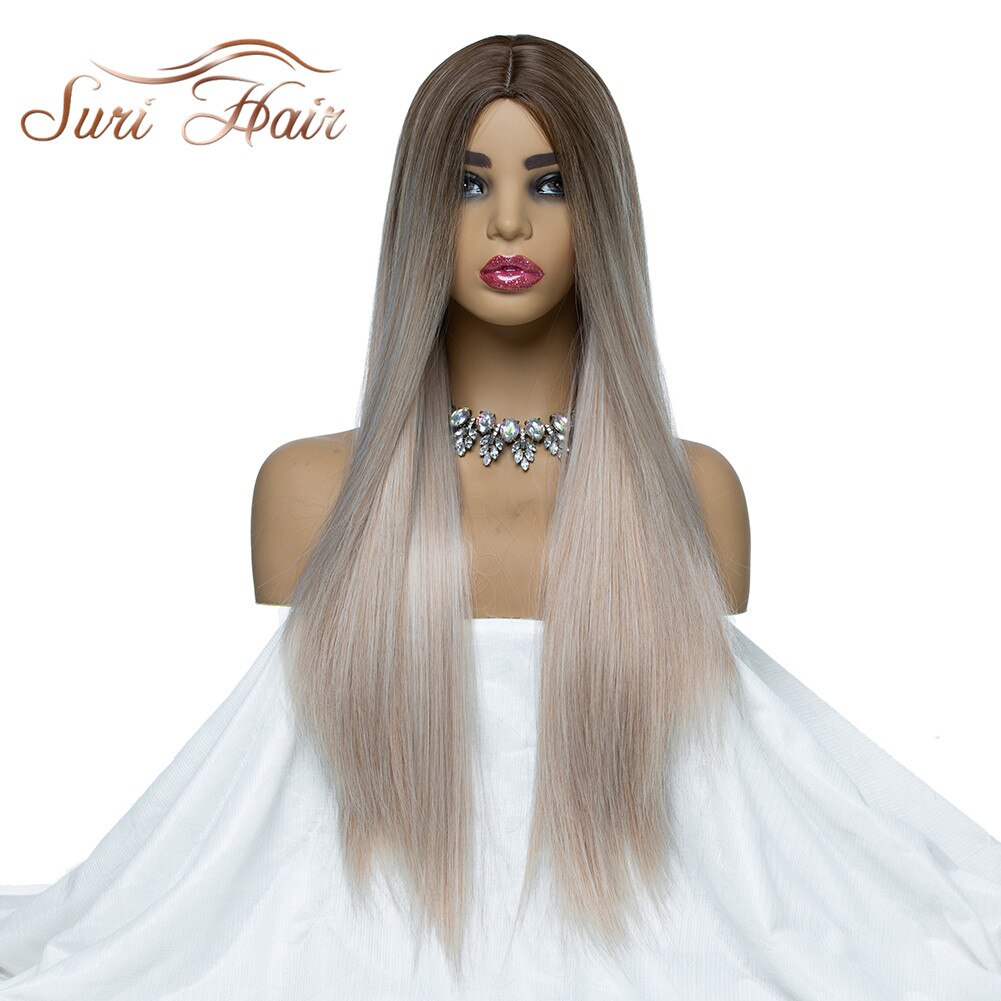Suri-Peluca de pelo largo liso para mujer, pelo largo sintético resistente al calor, color rosa ombré, dos tonos, 30 pulgadas, negro, marrón, azul, 7 colores