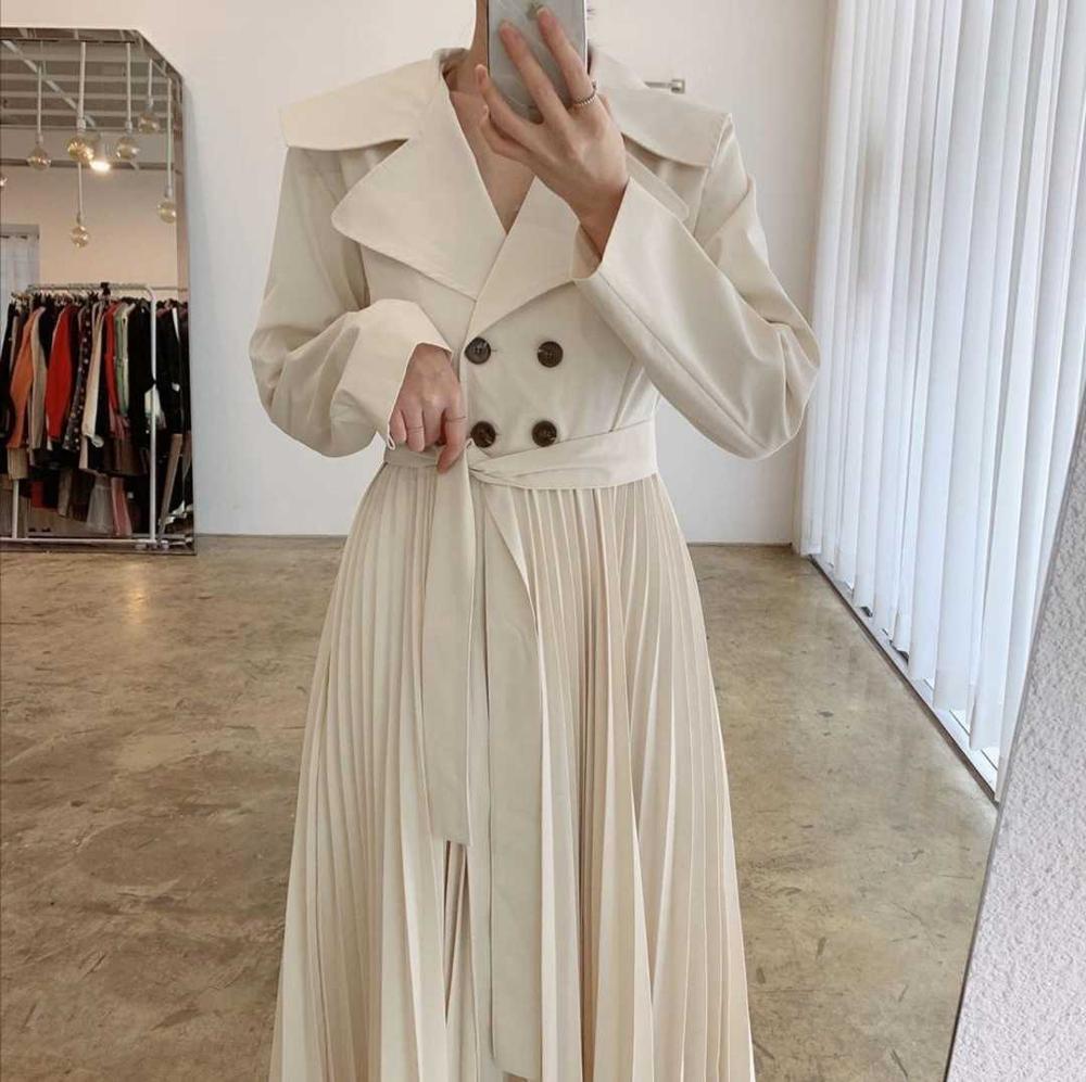 Trench-Coat Double boutonnage classique et Long avec ceinture pour femme, coupe-vent Chic, manteau d'épissure plissée, collection automne
