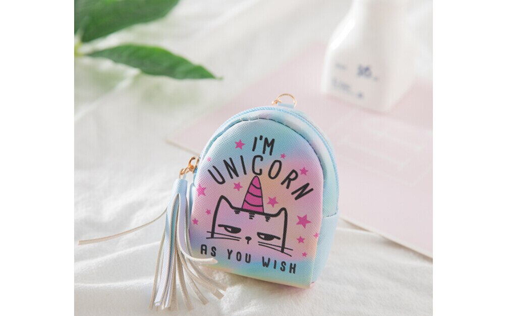 Monedero bonito para mujeres y niñas, monedero para tarjetas, bolsa de llaves, Mini bolso para chicas, estampado de dibujos animados de unicornio: Blue Letter