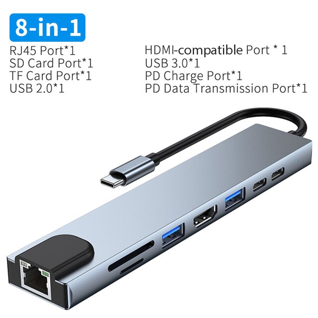 USB C HUB to 4K HDMI-compatible VGA RJ45 Adapter with PD TF SD Jack 3.5mm AUX 4/5/6/8/11 Port Dock Station for Macbook Pro/Air: H-8 In 1 Type C