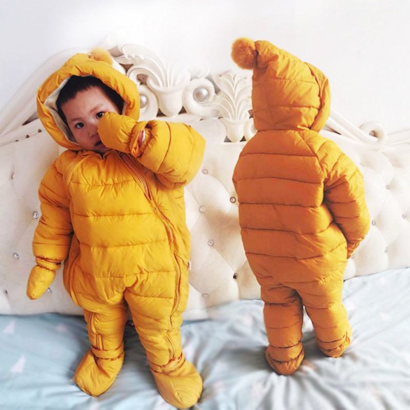 Inverno bebê meninas meninos snowsuit infantil quente zíper de uma peça com capuz pompom footies + luvas + sapatos 0-24m