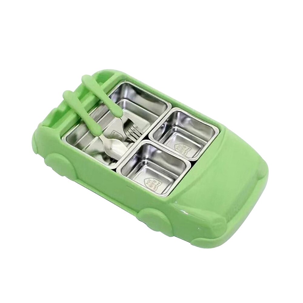 Fiambrera para niños con dibujos animados de fibra de bambú, modelo de coche, fiambrera con compartimiento , contenedor de comida para niños, 3 rejillas: Green