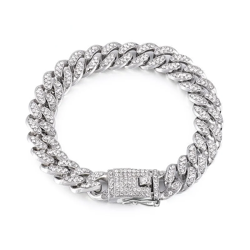 Strass Hond Ketting Kraag Metaal Sterk Goud Cubaanse Link Hond Ketting Luxe Diamant Puppy Kat Kraag Hond Sieraden Accessoires: L / Zilver