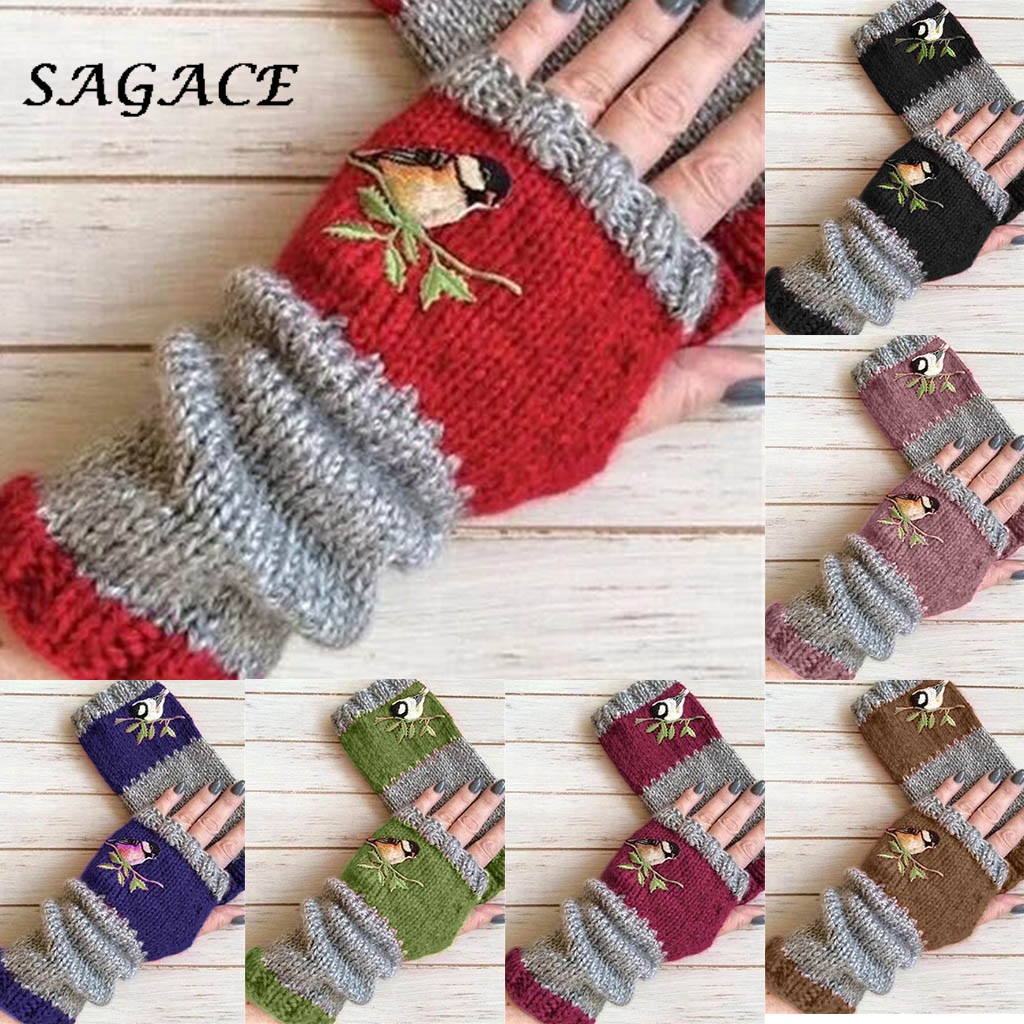 Adult Fingerless Gloves Half Finger Knitted Mittens Winter Bird Print Soft Unisex Gloves Women Wrist Guantes Mittens