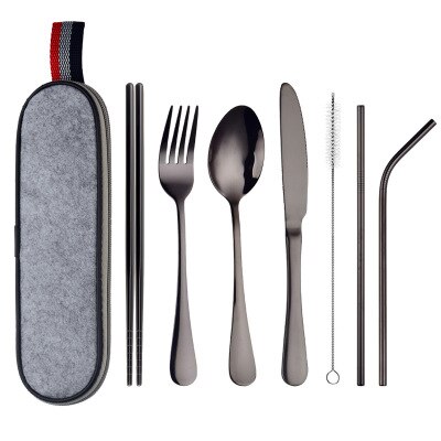 8 stk / sæt bordservice genanvendeligt rejsebestikssæt camp redskaber sæt med rustfrit stål ske gaffel spisepinde halm bærbar sag: Sort