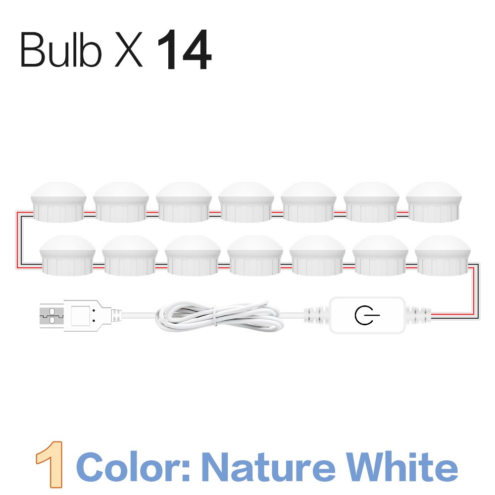 Usb 12v kit de lâmpadas led tipo hollywood para espelho, lâmpada regulável para maquiagem de banheiro, cosméticos, lâmpada de parede, iluminação para cosméticos: Nature White 14Bulbs