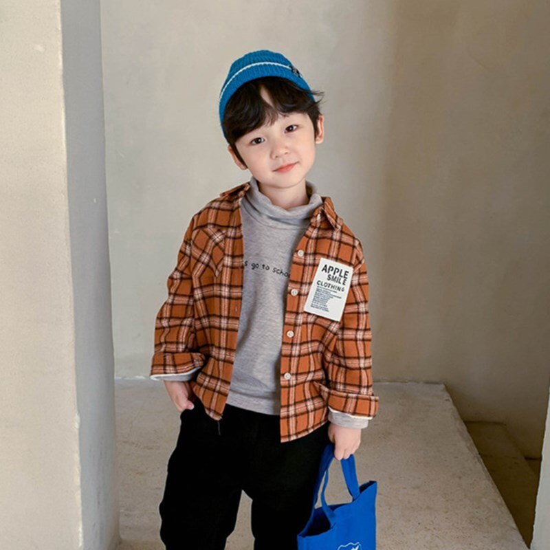 Korean style boys long sleeve plaid shirts kids Turn-down Collar cotton casual warm clothes Autumn Winter: Brown / 2T