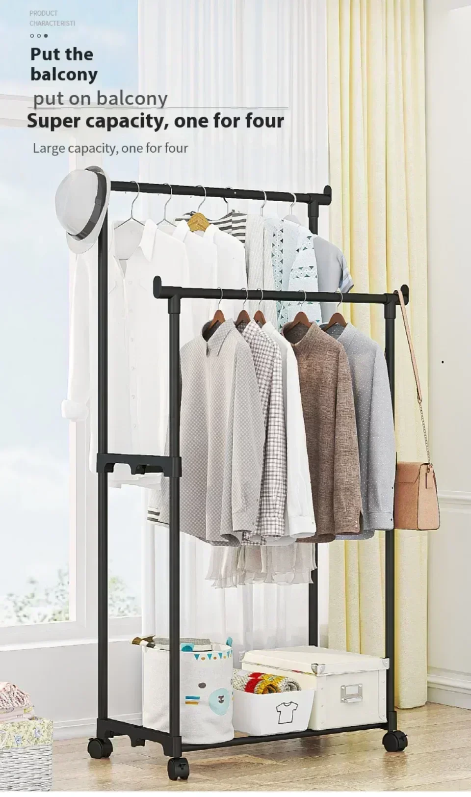 Double cintre Mobile étagère à vêtements tige unique vêtements sol chambre télescopique cintres de sol support de rangement: WHITE