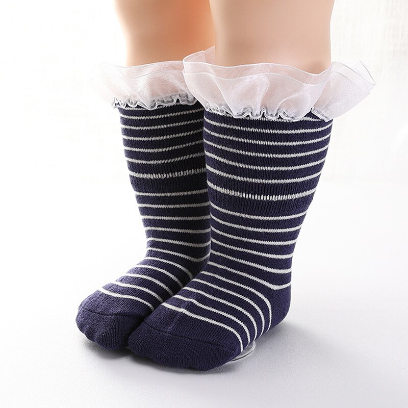 Stripe Soft Cotton Boys Girls Children Socks Cute Lace Style Kids Socks Baby Socks 0 to 3 years: Navy