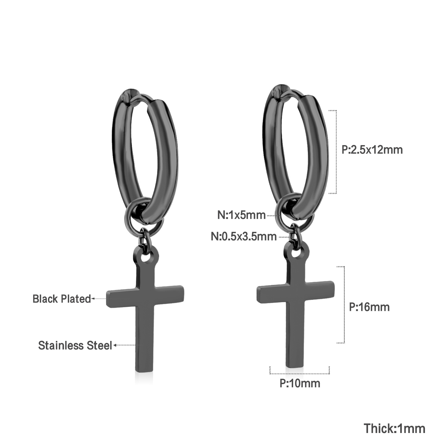 Pendientes góticos de lujo con colgante de cruz para hombre, aretes colgantes de gota, aro de acero inoxidable de Color plateado, joyería Punk para oreja, BFF