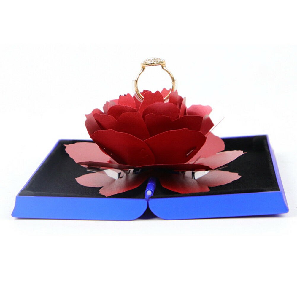 Mooie 3D Pop Up Rose Ring Box Bruiloft Engagement Sieraden Opslag Rechthoekige Voorstel Roterende Rose Flower Ring Box: Blue Red