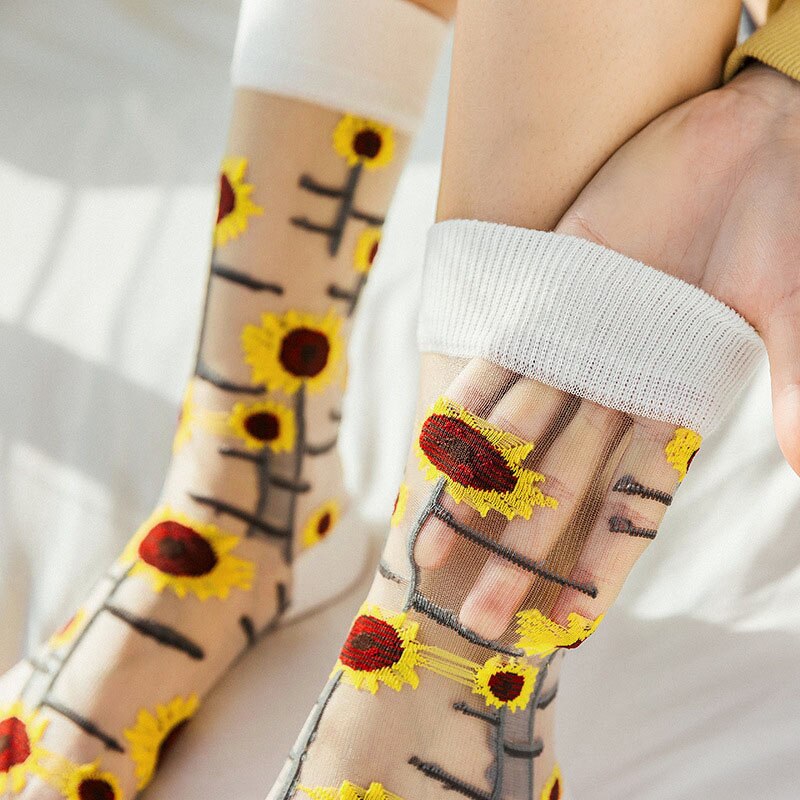 Vintage Harajuku Product Crystal Silk Tide Socks Funny Sunflowers Vines Flowers Happy Women Socks Casual Sox