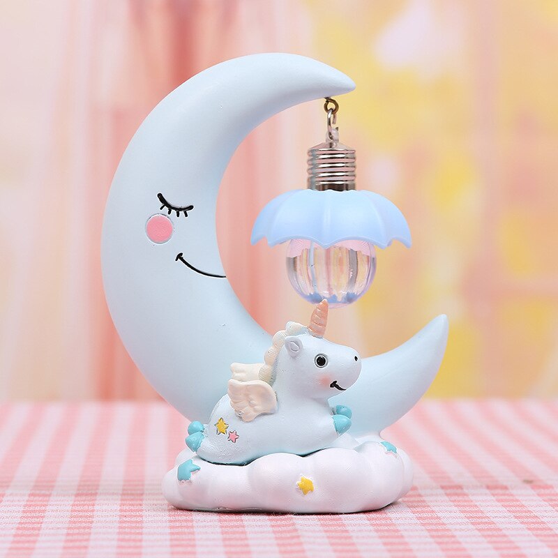 Resina luna unicorno LED Nightlight Cartoon Baby Nursery Lamp respirazione giocattolo per bambini regalo di natale camera dei bambini lampada da tavolo artigianale