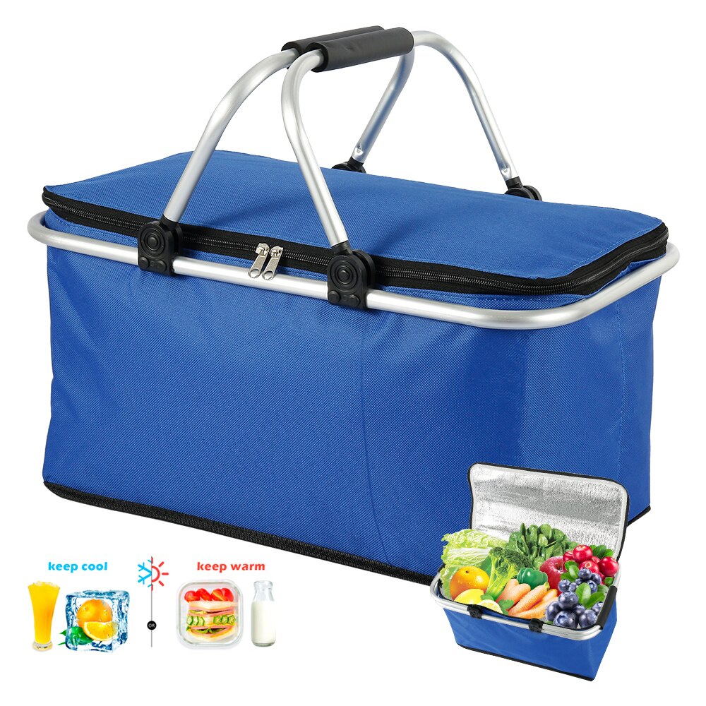 32L Folding Picnic Camping Lunch Bags Insulated Cooler Bag Cool Hamper Storage Basket Bag Box Outdoor Portable Picnic Basket: Blue