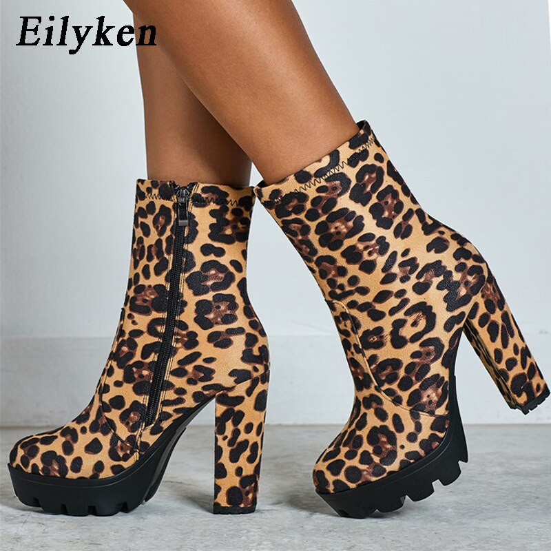 Eilyken leopard stövlar för kvinnor tjocka klackar höst vinter flock platåskor höga klackar dragkedja dam boots