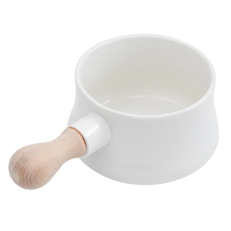 380Ml Keramische Mini Steelpan Soepkom Noodle Ontbijt Melk Koffie Kom Met Houten Handvat Keuken Koken Gereedschap: White