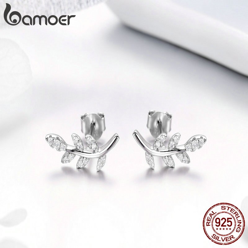 BAMOER Authentic 925 Sterling Silver Spring Leaf Leaves Clear CZ Zircon Stud Earrings for Women Earrings Jewelry BSE031