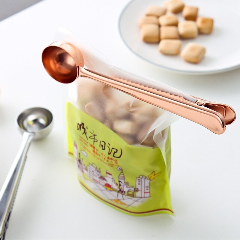1pc roestvrijstalen multifunctionele voedsellepels, melk, thee, gemalen koffie, schepjes met zakjesklem, afsluitpoeder, drinkgerei, gereedschap