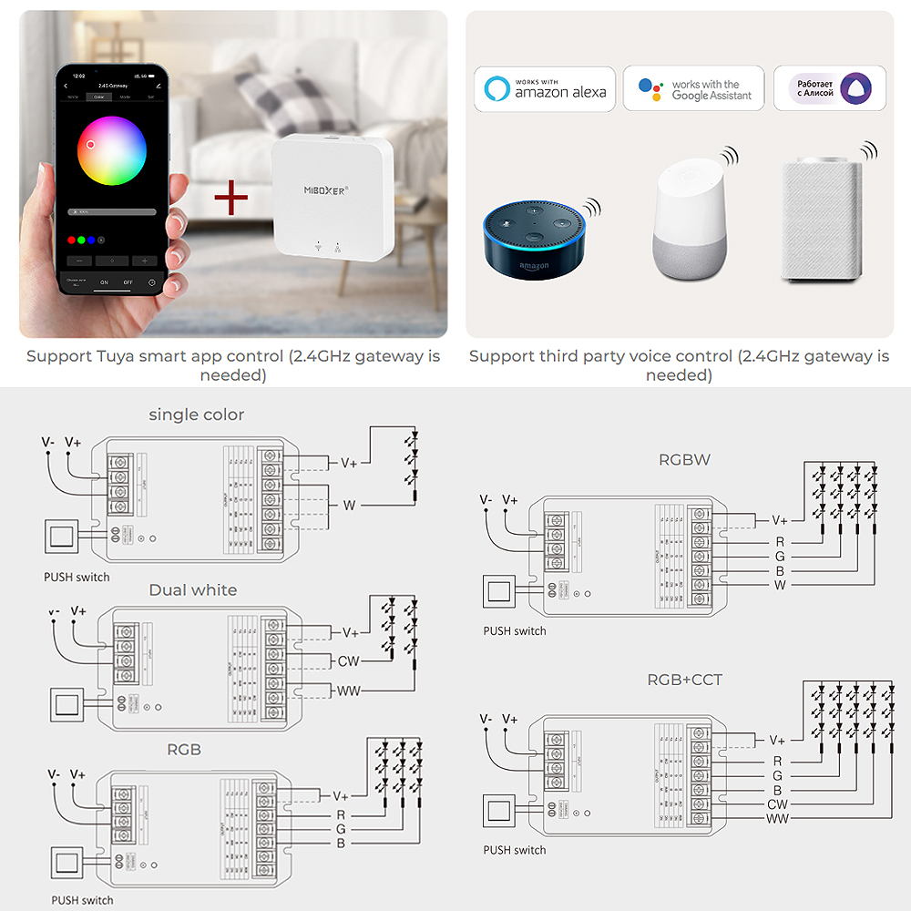 Miboxer hw2 2 em 1 hw5 5 em 1 2.4ghz wifi + controlador rf grande corrente máxima 30a para cor única/branco duplo/rgb/rgbw/rgb + cct tira conduzida