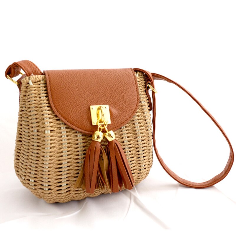 Bolso de playa de paja tejido, duradero para mujer, con borla, correa de cuero, bolso tejido hecho a mano, bolso de concha, bandolera para mujer