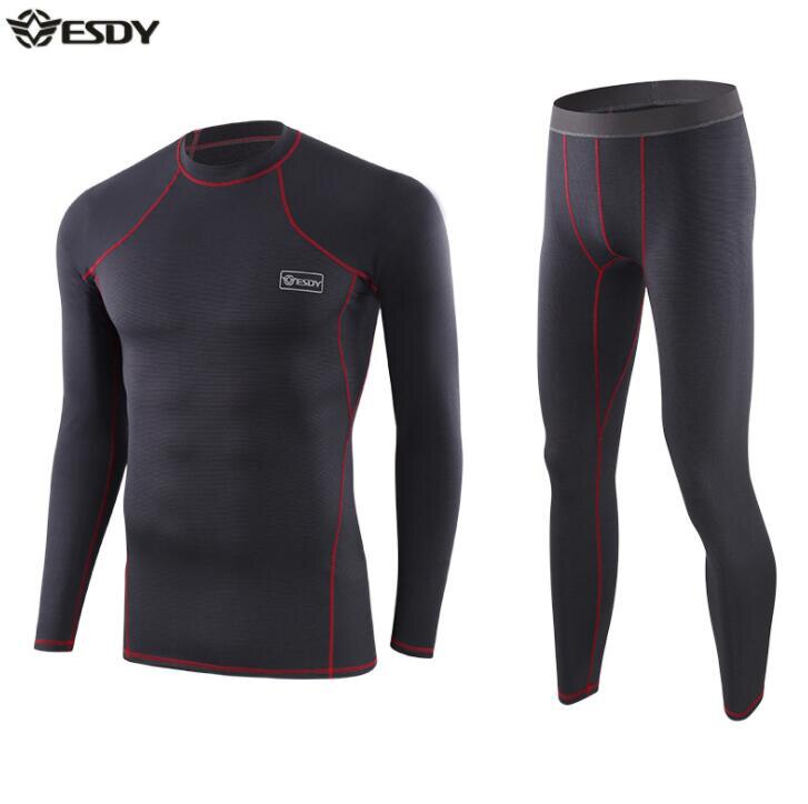 ESDY Motorcycle Thermal Underwear Set Men's Motorcycle Skiing Winter Warm Base Layers Tight Long Johns Tops & Pants Set Black